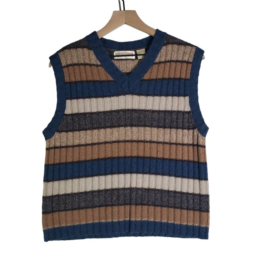 Vintage 90s Y2K Maurices Stripe Sweater Vest L Blue Brown Tan Wool